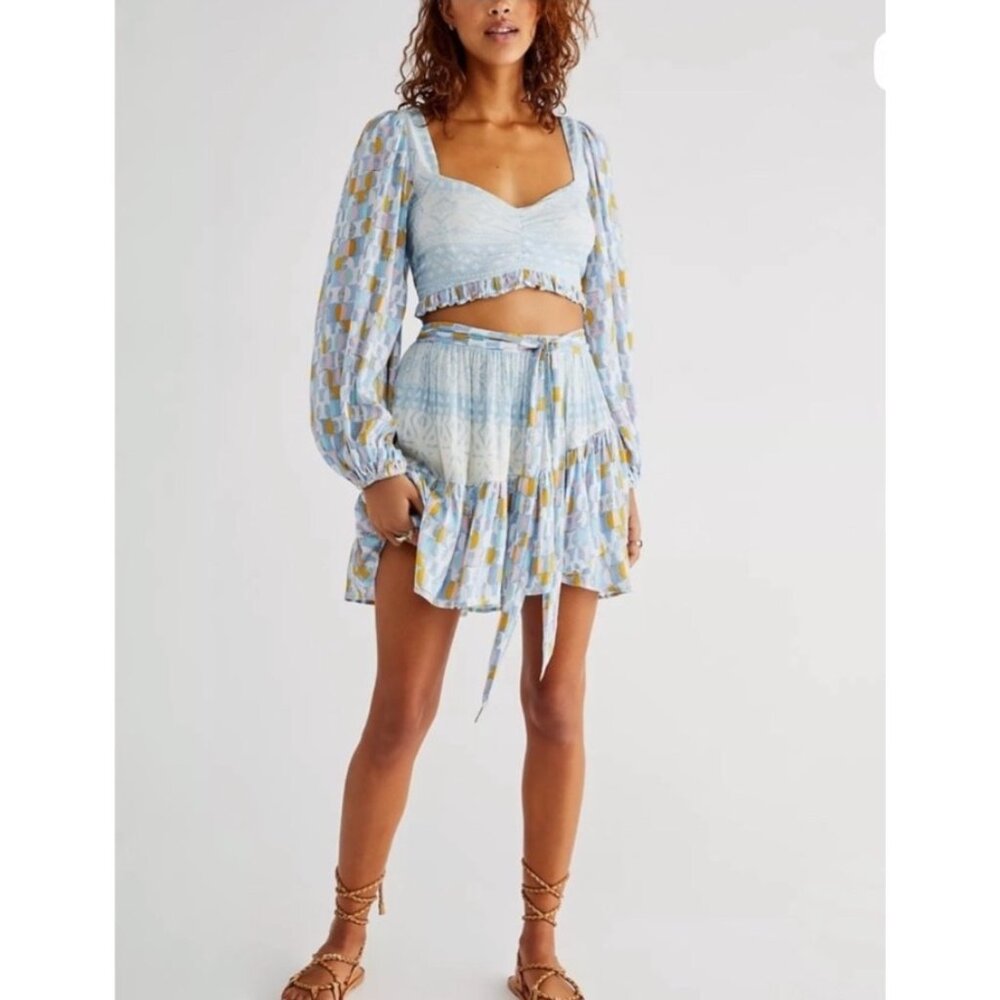 Free People NWT Blue & Multicolor 2-Piece Set With Puff Sleeves & Smocked Detail